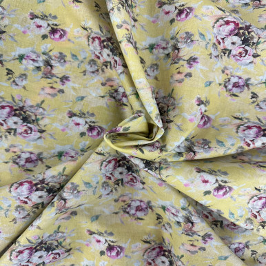 Pure Cotton Lawn Print - Purple Flower in Yellow 192554CA