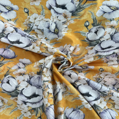 Pure Cotton Lawn Print - White Flower in Yellow 192554DB