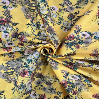 Pure Cotton Lawn Print - Red Purple Flower in Yellow 192554DE