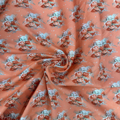 Pure Cotton Lawn Print - Red Blue Flower in Orange 192554T