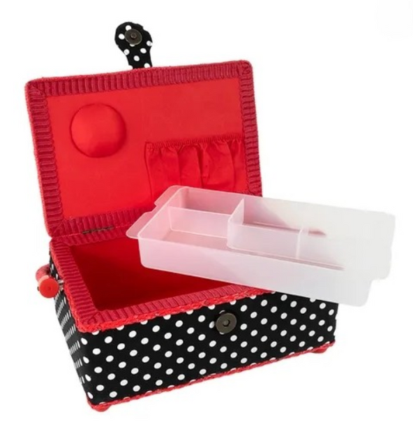 Small Black & White Polka Dot Sewing Basket with Pincushion & Inside Pocket 113192A