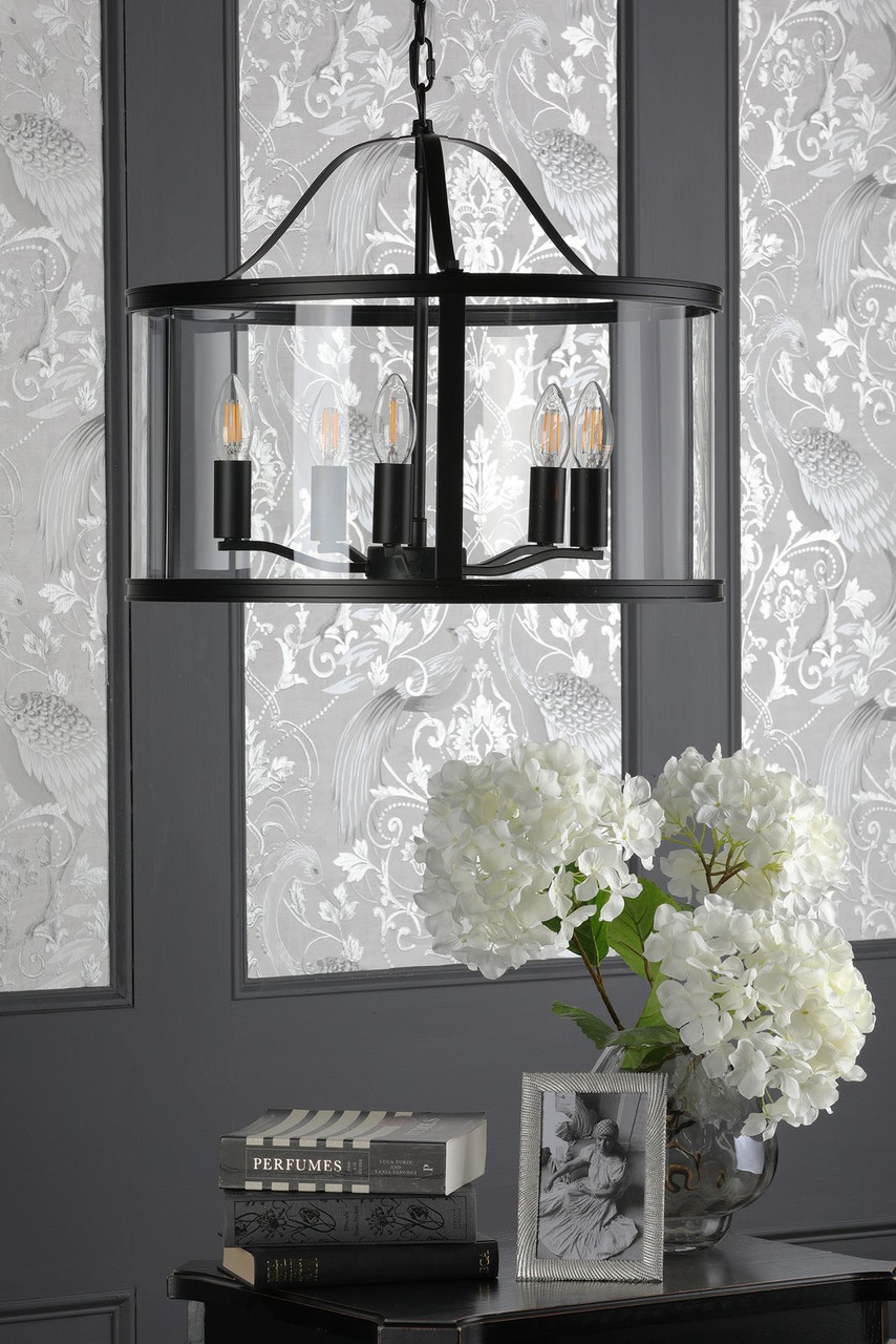Laura Ashley Harrington 5 Light Pendant Matt Black and Glass by