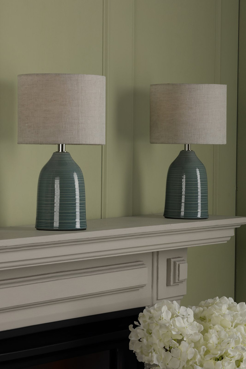 Laura Ashley Penny Twin Pack Table Lamp Blue Crackle Glaze With