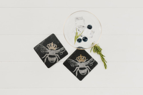 Slate & Gold Leaf Coasters - Crowned Bee, Set of 2