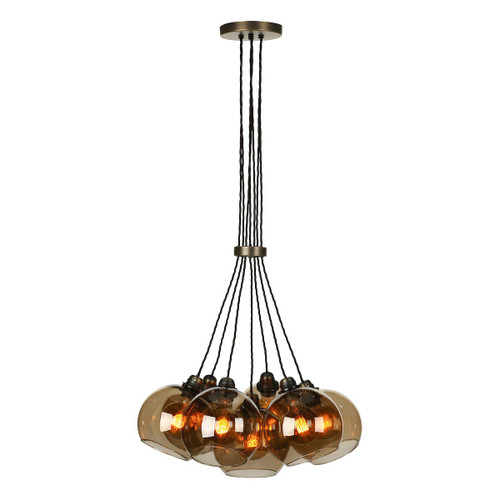 Apollo seven light pendant in antique brass complete with amber glass