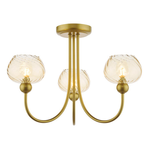 Cognac 3 Light Semi-Flush Satin Gold and Champagne Ribbed Glass Cognac 3 Light Semi-Flush Satin Gold and Champagne Ribbed Glass