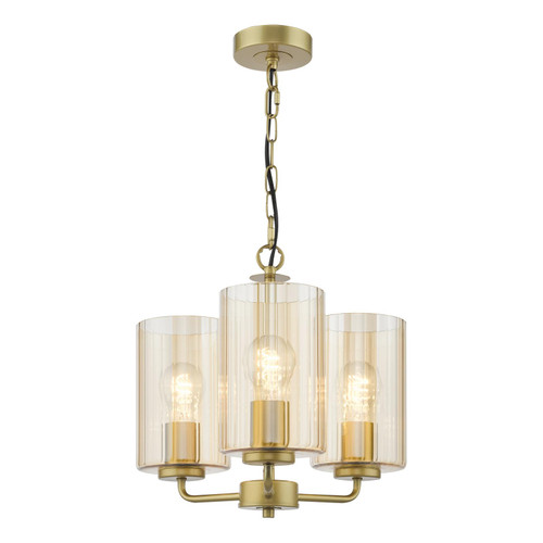 Daylin 3 Light Pendant Satin Gold and Amber Ribbed Glass Daylin 3 Light Pendant Satin Gold and Amber Ribbed Glass