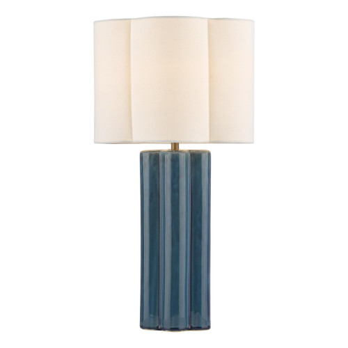 Fiyan Table Lamp Blue Ceramic and Antique Brass With Scallop LInen Shade