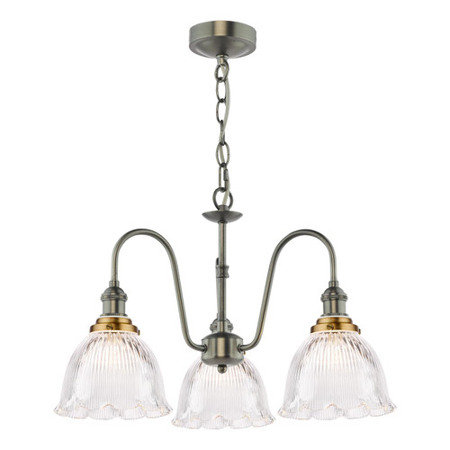 Hadano 3 Light Pendant Antique Chrome with Domed Ribbed Glass Shades
