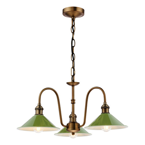Hadano 3 Light Pendant Antique Bronze with Gloss Green Metal Shades 18cm