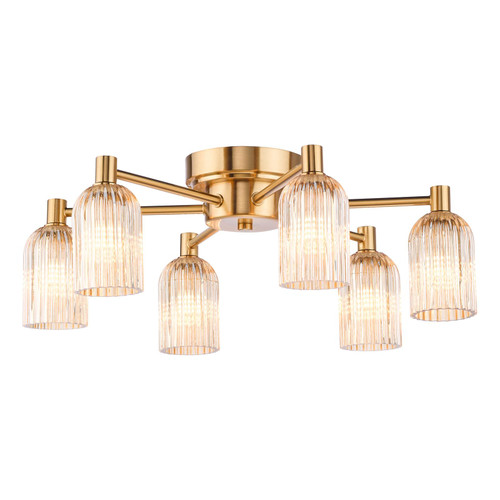 Hilaria 6 Light Flush Antique Gold and Amber Ribbed Glass