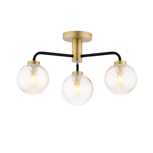 Lainey 3 Light Semi-Flush Matt Black and Antique Brass With Twisted Amber Glass