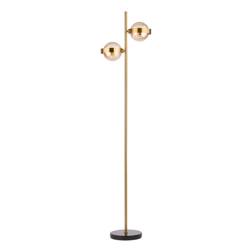 Ophira 2 Light Floor Lamp Antique Gold Black Marble and Amber Ribbed Glass