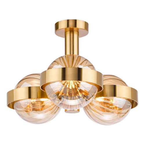 Ophira 3 Light Semi-Flush Antique Gold and Amber Ribbed Glass