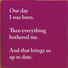 Wood Wall Sign: One day I was born. Then everything bothered me. And that brings us up to date.