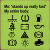 Wood Sign: Me: Stands Up Really Fast. My Body: (Car Trouble Icons)