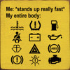 Wood Sign: Me: Stands Up Really Fast. My Body: (Car Trouble Icons)
