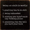 Being An Adult Is Mostly: 1. Googling How To Do Shit  2. Being Exhausted 3. Wishing You Hadn't Made Any Fucking Plans 4. Wondering How The Hell You Hurt Your Back |Funny Wood  Sign| Sawdust City Signs