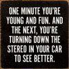 One Minute You're Young And Fun. And Next, You're Turning Down The Stereo In Your Car To See Better |Funny Wood  Sign| Sawdust City  Signs