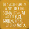 They should make an alarm clock that sounds like a cat about to puke. |Wooden Cat Signs | Sawdust City Wood Signs