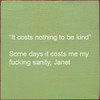 "It Costs Nothing To Be Kind" Some Days It Costs Me My Fucking Sanity | Funny Wood Signs | Sawdust City Wood Signs