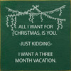 Wood Sign: All I want for Christmas is you. Just Kidding. I want a three month vacation.