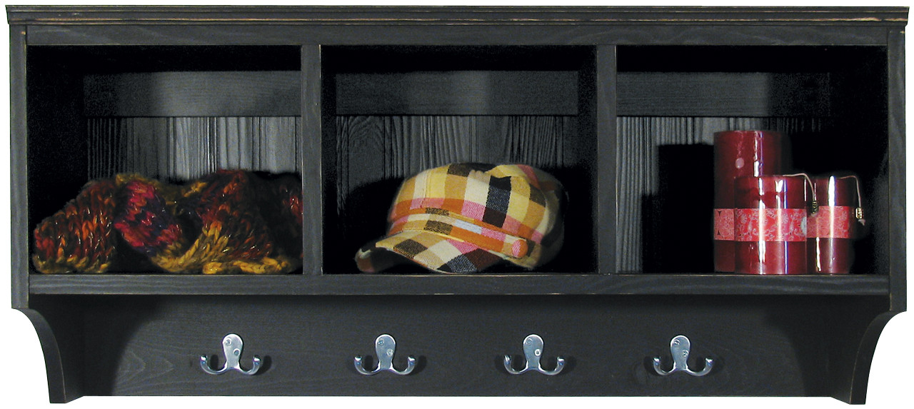 Cubby Shelf, Wooden Shelf with Three Cubbies and Four Hooks