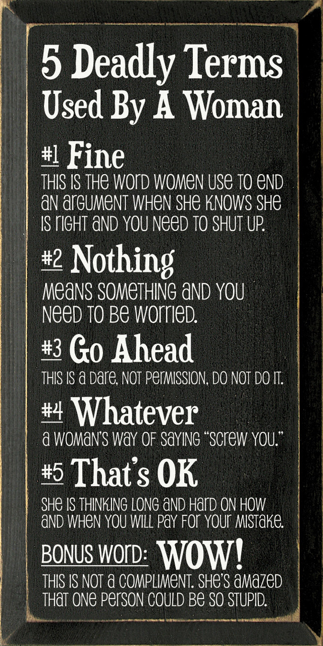 5 Deadly Terms Used By A Woman: 1. Fine: This is the word women use to end  an argument when she knows she is right and you need to shut up. 2.