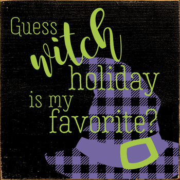 Cute Plaid Halloween Sign | Guess WITCH Holiday Is My Favorite? | In Old Black with Apple Green & Purple