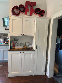 Custom Kitchen Hutch w/ Broom Closet
Shown in Solid Cottage White with Walnut/Poly counter top