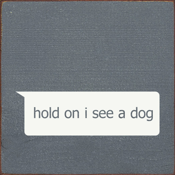 Wood Wall Sign: hold on I see a dog (text message)
