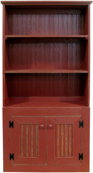 Straight hutch shown in Old Burgundy with beadboard doors (with braces for splitting into 3 parts for shipping)