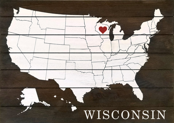 Personalized Pallet-Style Sign showing US Map with Heart & State Name | Wood Wisconsin Sign | Sawdust City Sign in Walnut Stain with Cottage White & Red