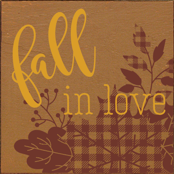 Cute Plaid Leaves Wooden Sign | Fall in Love | In Old Toffee with Burgundy & Mustard