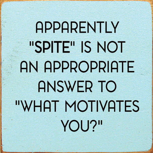 Apparently "Spite" Is Not An Appropriate Answer To "What Motivates You?" | Shown in Baby Aqua with Black | Funny Wood  Signs | Sawdust City Wood Signs