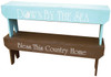 Long Simple Wood Bench | Solid Wood Simple Bench | Sawdust City Wood Bench | Shown in Old Light Blue and Old Brown with optional lettering on the side from 7x36 signs