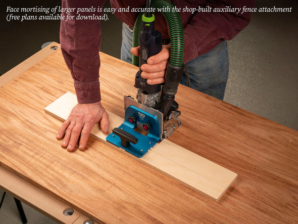 Wide panel face mortising is easily and accurately accomplished with the shop-built auxiliary fence (available for free download).