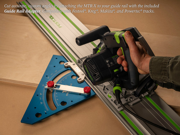 With the included Guide Rail Connector, the MTR-X can be rigidly mounted to your guide rail to create a portable, adjustable angle track saw cutting rig.