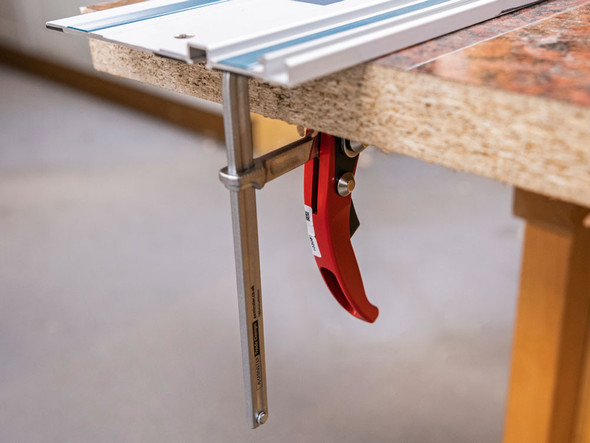 Axminster Professional Quick Lever Guide Rail Clamp in guide rail.