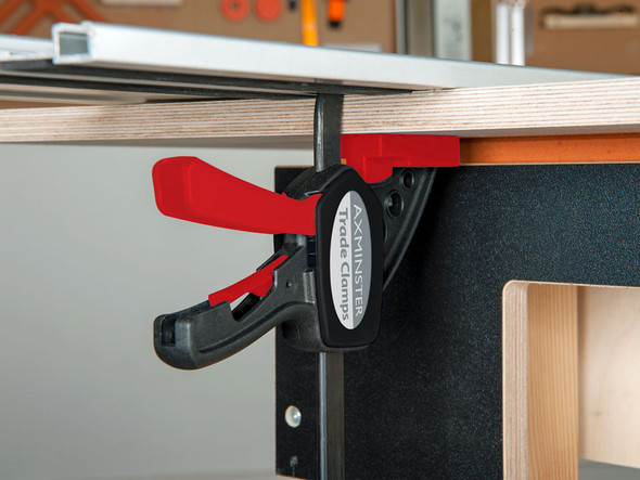 Axminster Professional Quick Lever Guide Rail Clamp in guide rail.