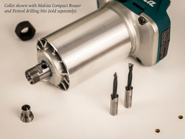 With this collet, you can use Festool's dowel drilling bits with your Makita router.