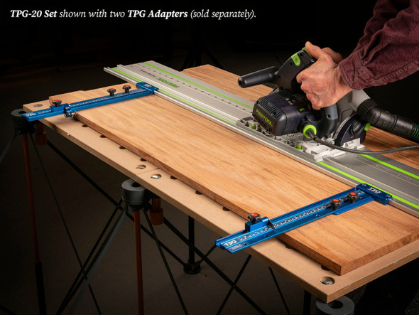 TPG-20 Set shown with two TPG Adapters (sold separately). A great, compact parallel guide kit for cuts up to 20" in width.