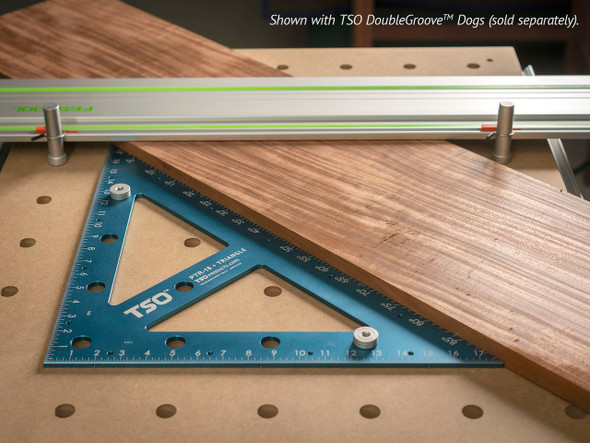 Quickly affix the PTR-18 to your 20mm hole patterned worktop to perform a variety of tasks. Here, the PTR-18 is being used as a 45 degree fence for cutting this large workpiece on a Festool MFT/3.