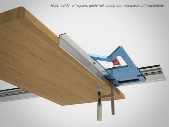The Long Angle Accessory is shown here, attached to a GRS-16 PE. Use it to effectively extend the reference edge of your guide rail (both length and depth projection).
