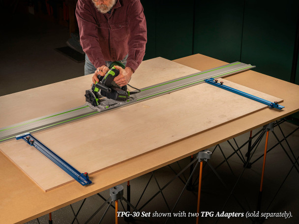 TPG Parallel Guide System shown with 30" T-tracks, and two TPG Adapters for rock-solid guide rail connections.