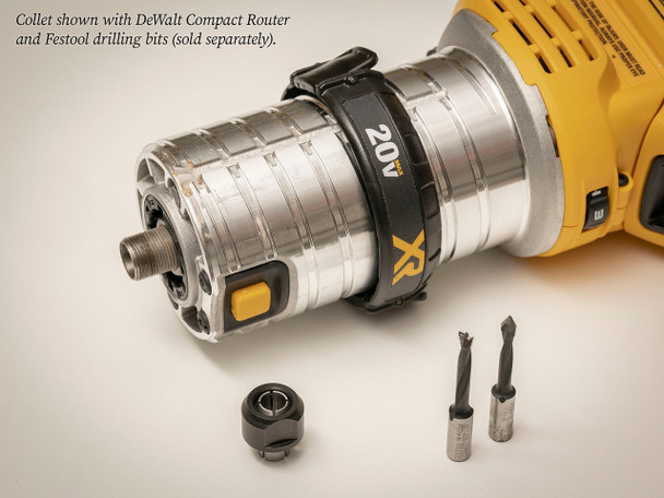 With this collet, you can use Festool's dowel drilling bits with your DeWalt router.