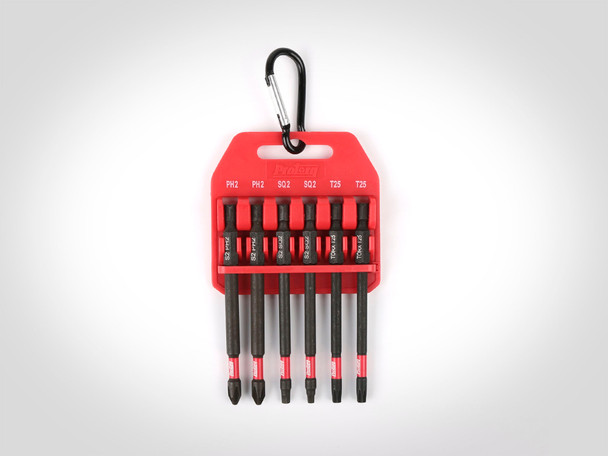 This 6-piece assorted impact bit set features 3-1/2" long bits and comes in this handy carrying case with carabiner.