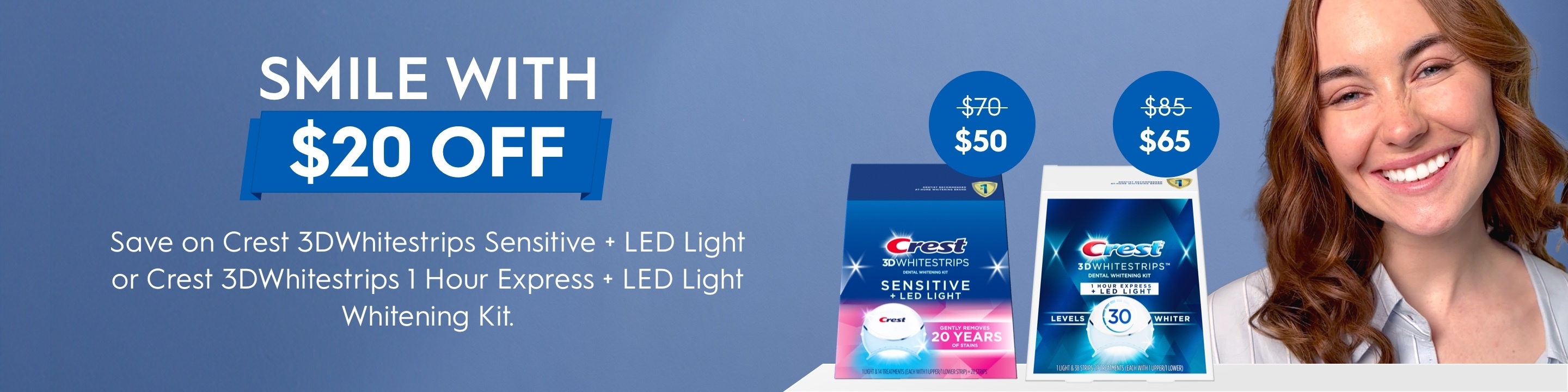 Save on Crest 3DWhitestrips Sensitive + LED Light or Crest 3DWhitestrips 1 Hour Express  + LED Light Whitening Kit