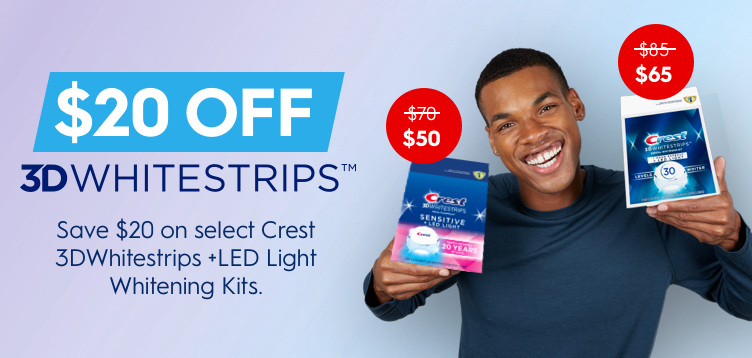 Save $20 on select Crest 3DWhitestrips +LED Light Whitening Kits.