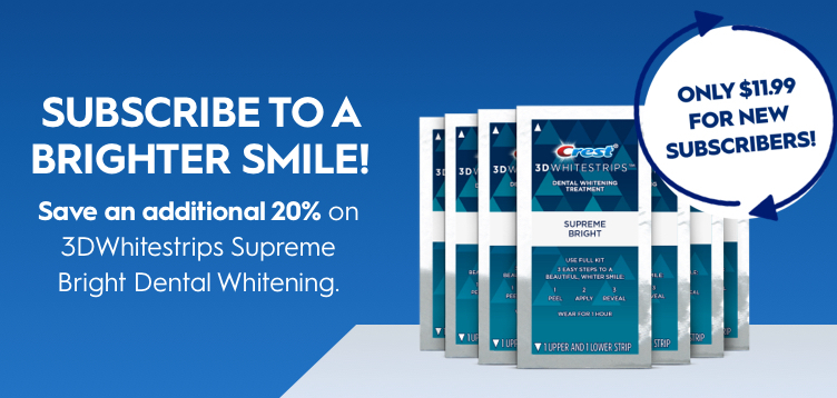 Save an additional 20% on 3DWhitestrips Supreme Bright Dental Whitening.